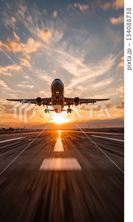 Airplane Taking Off on Runway at Sunset, Blurred Motion, Front View 134088738