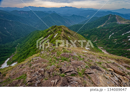 谷川岳・西黒尾根の登りから見る朝の天神平と尾瀬・日光・上州武尊山の山並み 134089047