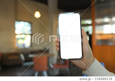 Hand holding smartphone with blank screen 134089119