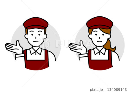 案内するカフェの男女の店員のアイコン　セット 134089148