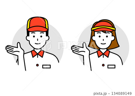 案内するファストフード店の男女の店員のアイコン　セット 134089149
