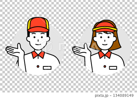 Icon set of male and female fast food restaurant staff providing guidance 134089149