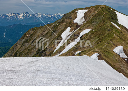 谷川連峰・一ノ倉岳の雪渓を行く登山者と茂倉岳・苗場山の眺め 谷川連峰・一ノ倉岳の雪渓を行く登山者と茂倉岳・苗場山の眺め 134089180