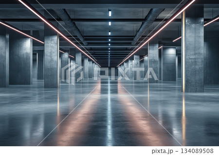Empty gray underground parking space. Modern underground parking interior. Garage 134089508