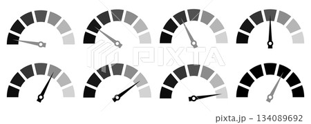 Set of grayscale speedometer indicators showing different needle positions, minimal dashboard gauge icons for performance level, loading progress and measurement concepts 134089692