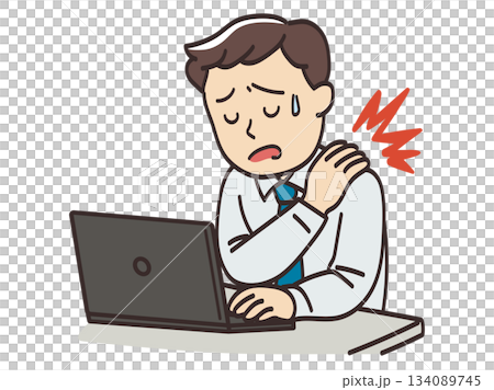 デスクワークで肩こりに悩む男性ビジネスマンのイラスト 134089745