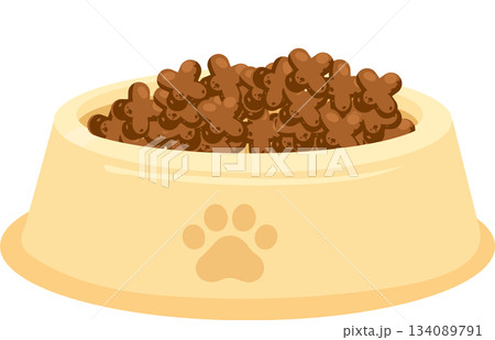 Pet food dog food cat food. bowl of pet food filled with brown kibble 134089791
