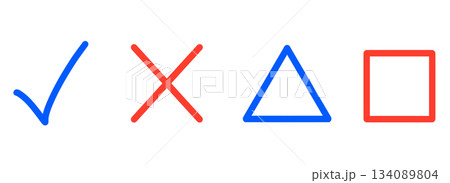 シンプルな赤色のチェック・ばつ・三角・四角マーク 134089804