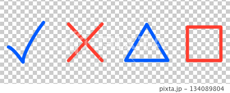 シンプルな赤色のチェック・ばつ・三角・四角マーク 134089804