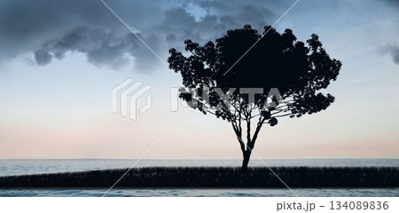 Flat design is showing solitary tree on grassy bank reflecting calm water under low clouds Flat design is showing solitary tree on grassy bank reflecting calm water under low clouds 134089836
