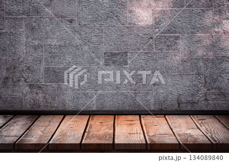 Flat design illustration is featuring wooden platform with textured stone brick wall and dark trim Flat design illustration is featuring wooden platform with textured stone brick wall and dark trim 134089840