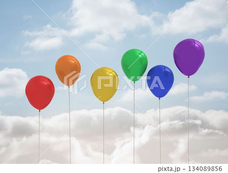 Flat design is showing six colorful latex balloons floating over thick white clouds in blue sky Flat design is showing six colorful latex balloons floating over thick white clouds in blue sky 134089856