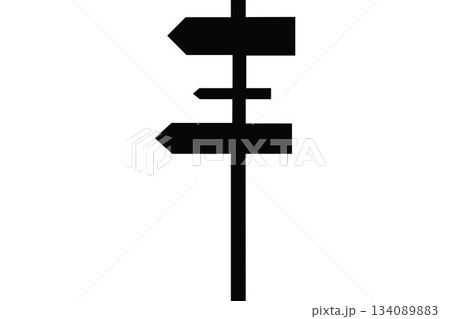 Directional black signpost is standing tall in flat design with four arrow boards, copy space Directional black signpost is standing tall in flat design with four arrow boards, copy space 134089883