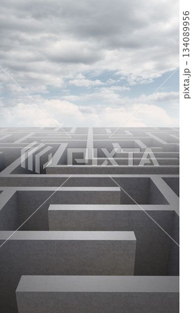Concrete labyrinth is stretching under cloudy sky in flat design, showing high grey walls Concrete labyrinth is stretching under cloudy sky in flat design, showing high grey walls 134089956