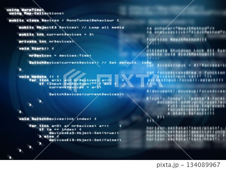 Displaying programming code in flat style on blue gradient editor window with glowing circular HUD Displaying programming code in flat style on blue gradient editor window with glowing circular HUD 134089967