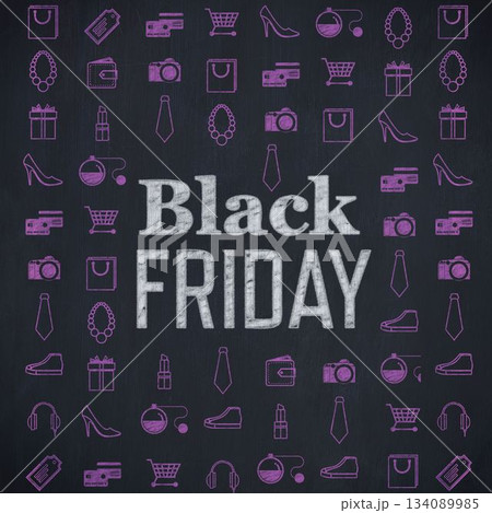 Displaying chalkboard flat design with black Friday chalk lettering and purple shopping icons Displaying chalkboard flat design with black Friday chalk lettering and purple shopping icons 134089985