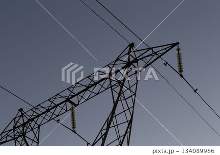 The evening electricity pylon silhouette The evening electricity pylon silhouette 134089986
