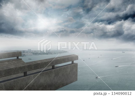 Flat design concrete balcony platform is jutting over bay with boats, suspension bridge, skyline Flat design concrete balcony platform is jutting over bay with boats, suspension bridge, skyline 134090012