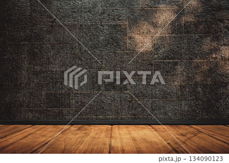 Textured stone brick wall and wooden floor are creating empty studio backdrop in 3D render 134090123