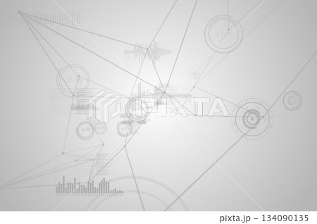 Abstract network visualization is showing flat style with circular nodes, waveforms, bar chart 134090135