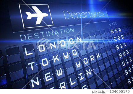 Blue departures board for major cities 134090179