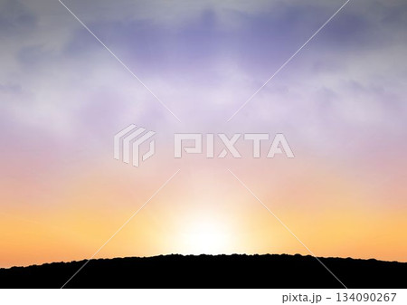 Flat design is capturing rising sun glowing behind rocky ridge silhouette against gradient sky Flat design is capturing rising sun glowing behind rocky ridge silhouette against gradient sky 134090267