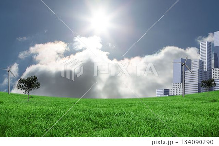 Flat design green energy landscape is showing hill with wind turbines and trees by city skyscrapers 134090290