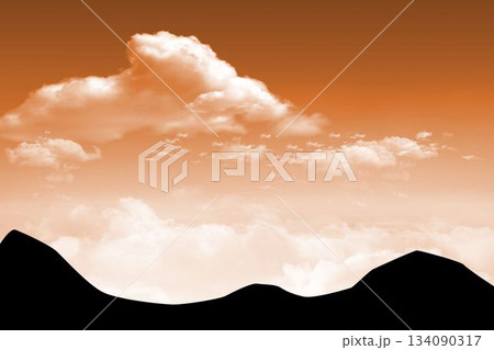 Minimalist landscape showing rolling hills silhouette under orange gradient with floating clouds 134090317