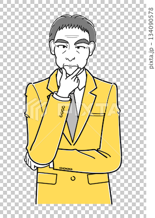顎に手をあてているスーツの中年男性・上半身(シンプル) 顎に手をあてているスーツの中年男性・上半身(シンプル) 134090578