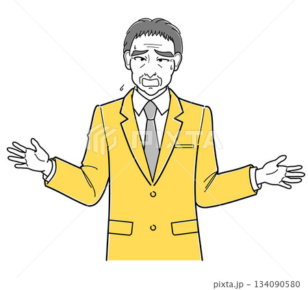 両手を広げながら困った様子で話をするスーツの中年男性・上半身（シンプル） 134090580