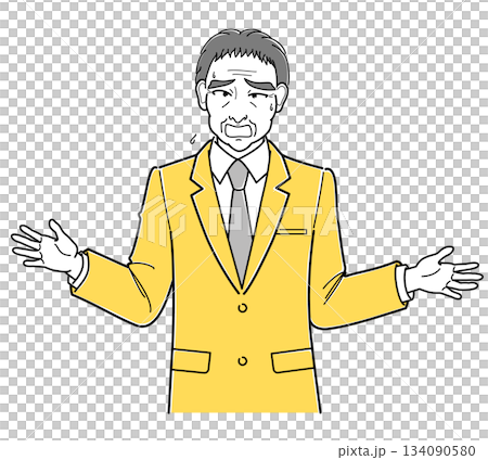 両手を広げながら困った様子で話をするスーツの中年男性・上半身（シンプル） 134090580