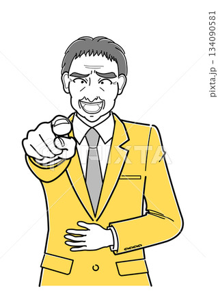指をさしてあざ笑うスーツの中年男性・上半身(シンプル) 指をさしてあざ笑うスーツの中年男性・上半身(シンプル) 134090581