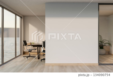 Empty white wall between office working table with armchairs and a resting area in company building. Empty white wall between office working table with armchairs and a resting area in company building. 134090754