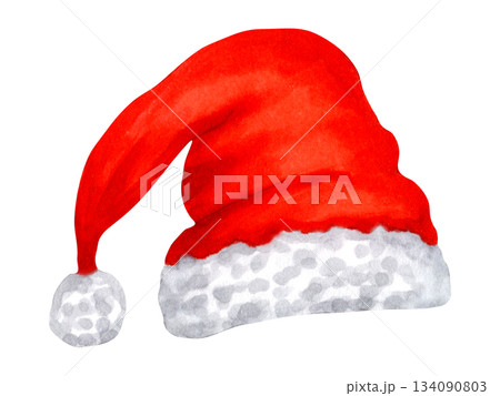 Santa Hat. Red hat with fluffy white trim and a pom pom. Watercolor, marker illustration. Hand drawn isolated art. Perfect for cards, packaging and Christmas projects. A perfect New Year's look. 134090803