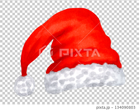 Santa Hat. Red hat with fluffy white trim and a pom pom. Watercolor, marker illustration. Hand drawn isolated art. Perfect for cards, packaging and Christmas projects. A perfect New Year's look. Santa Hat. Red hat with fluffy white trim and a pom pom. Watercolor, marker illustration. Hand drawn isolated art. Perfect for cards, packaging and Christmas projects. A perfect New Year's look. 134090803
