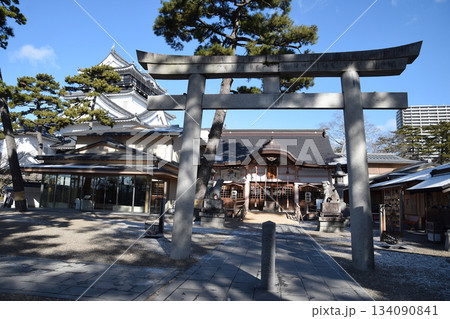 年賀状素材～初雪で雪化粧した城址公園(神社と古城，冬晴れの早朝の風景) 134090841