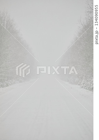 Winter empty snowy road in the forest. Snowfall with fog 134090955