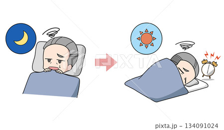 眠れず寝起きが悪い高齢男性のイラスト 134091024