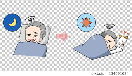 眠れず寝起きが悪い高齢男性のイラスト 134091024