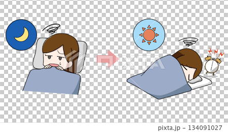 Illustration of a woman who can't sleep and wakes up Illustration of a woman who can't sleep and wakes up 134091027