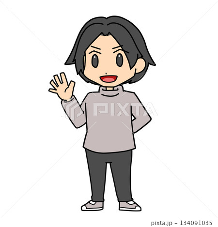 手をあげ挨拶をする男性 134091035