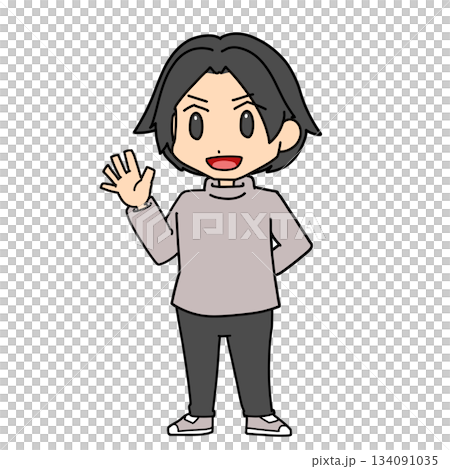 手をあげ挨拶をする男性 134091035