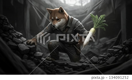 瓦礫の世界、希望の大根を見つけた柴犬 134091252