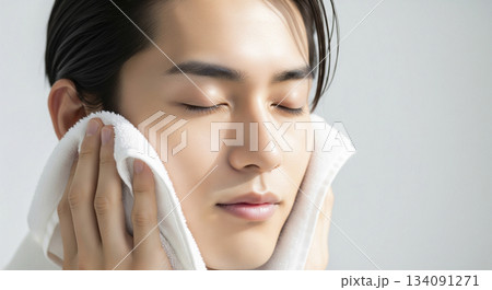 フェイスタオルで顔を拭くアジア人男性 134091271