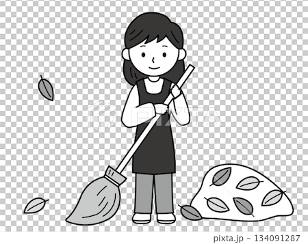 一幅單色插圖，描繪了一位女子正在清掃落葉。 134091287