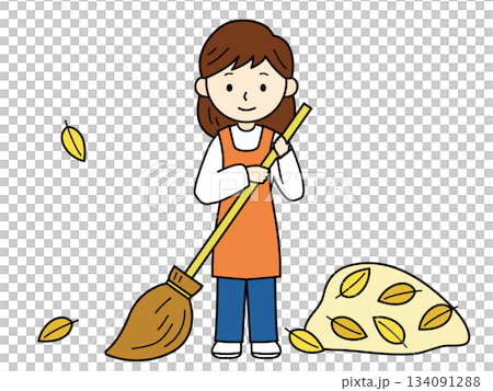 Illustration of a woman sweeping up fallen leaves, with lines 134091288