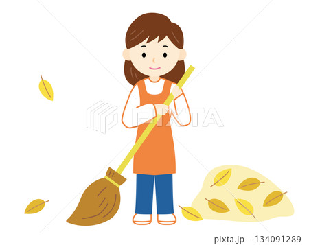 落ち葉を掃除する女性のイラスト 134091289