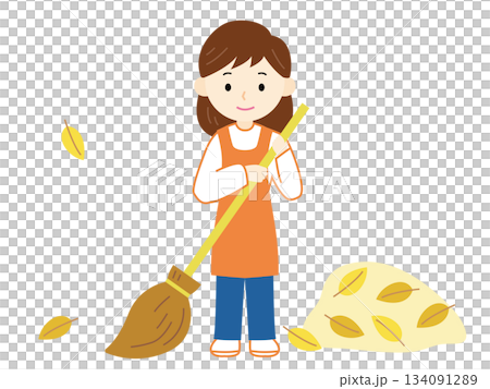 落ち葉を掃除する女性のイラスト 134091289