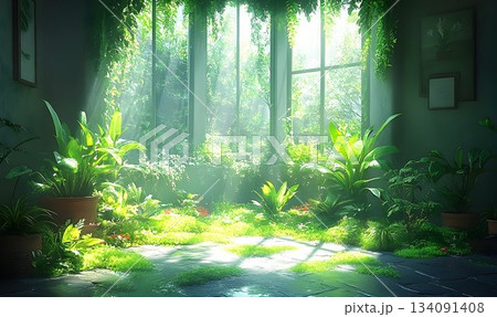 Lush Indoor Garden with Sunlight Streaming Through a Large Windo Lush Indoor Garden with Sunlight Streaming Through a Large Windo 134091408