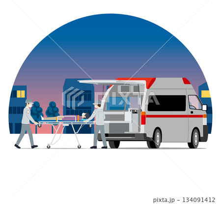 救急車、救急搬送、救急隊のセット夜の街並み 134091412